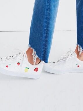 Veja White Leather Low-Top Sneakers with Yellow Lemon & Red Cherry Embroidery